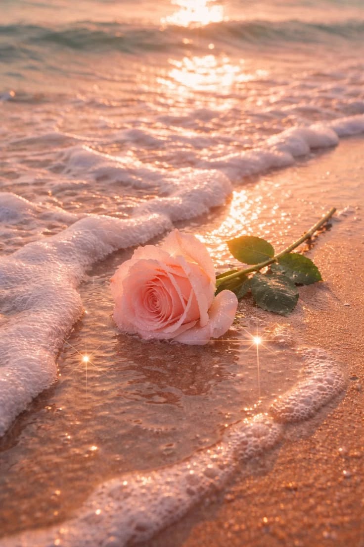 A rose resting at the edge of calm ocean waves